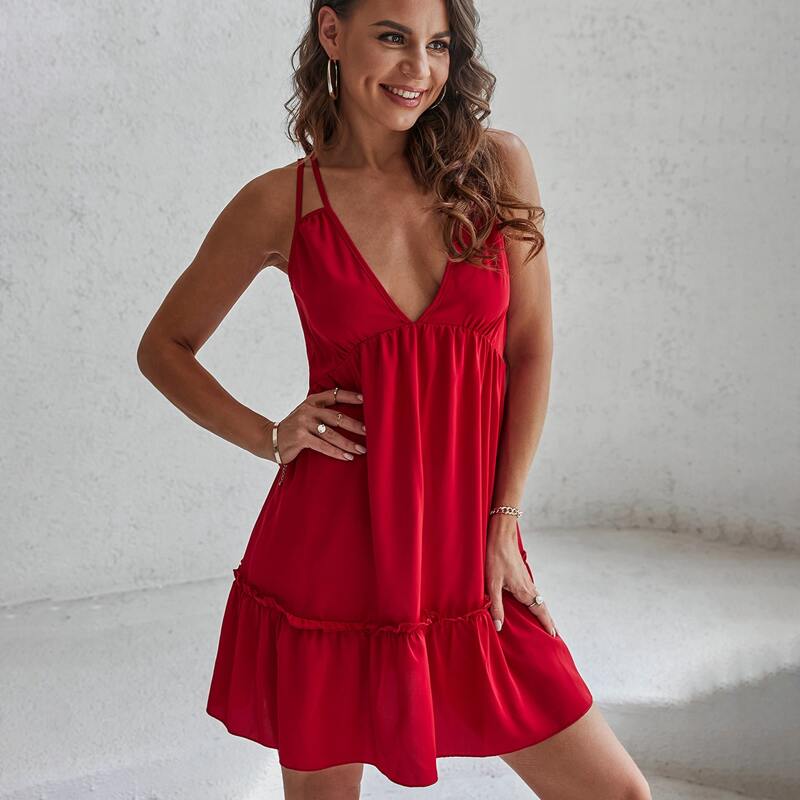 

Solid Ruffle Hem Cami Dress, Red
