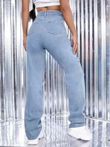 SHEIN ICON Jeans rotos con arte de línea de cara - Lavado ligero - Ver 2