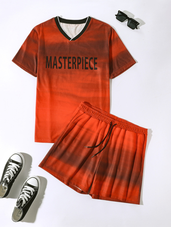 Manfinity Men Letter Graphic V-neck Tee & Drawstring Waist Track Shorts