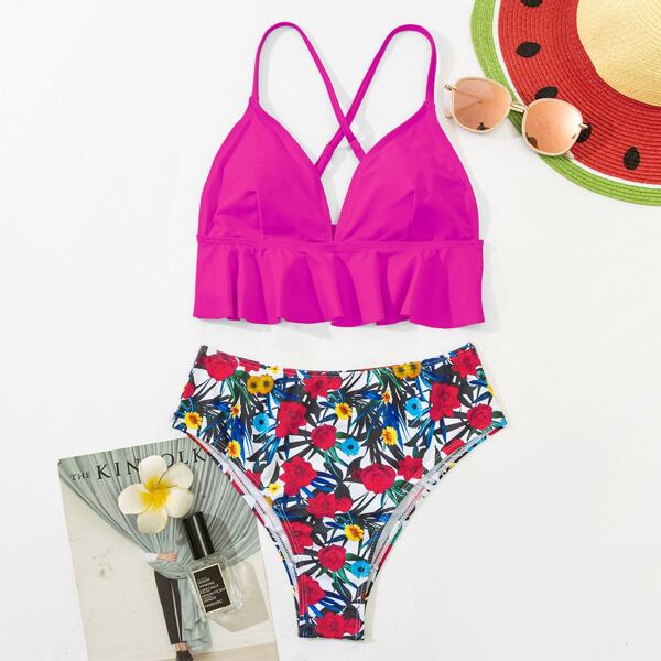 

Floral & Tropical Ruffle Hem Bikini Swimsuit, Multicolor