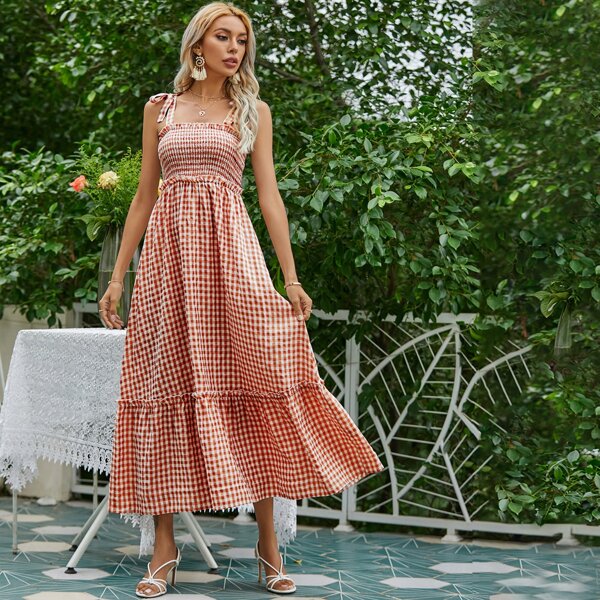 

Gingham Shirred Tie Shoulder Cami Dress, Orange