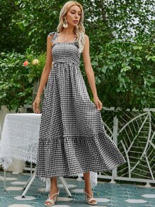 SHEIN Holidaya ĐầmThắt nútViên lá senDải chunKẻ sọcBoho - Đen và trắng - Xem 1