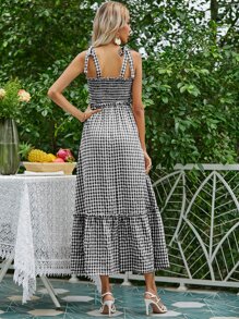 SHEIN Holidaya ĐầmThắt nútViên lá senDải chunKẻ sọcBoho - Đen và trắng - Xem 2