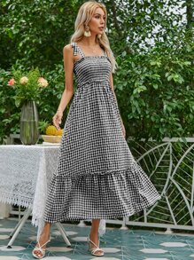 SHEIN Holidaya ĐầmThắt nútViên lá senDải chunKẻ sọcBoho - Đen và trắng - Xem 6