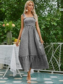 SHEIN Holidaya ĐầmThắt nútViên lá senDải chunKẻ sọcBoho - Đen và trắng - Xem 8