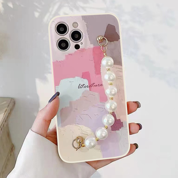 

Color Block Phone Case With Faux Pearl Hand Strap, Multicolor