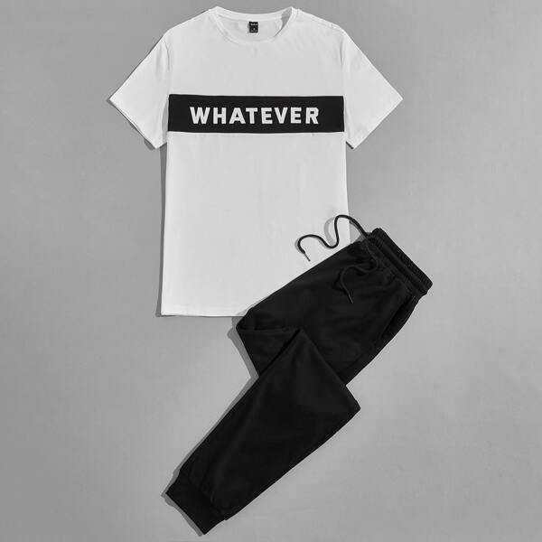 

Men Letter Graphic Top & Joggers Set, White