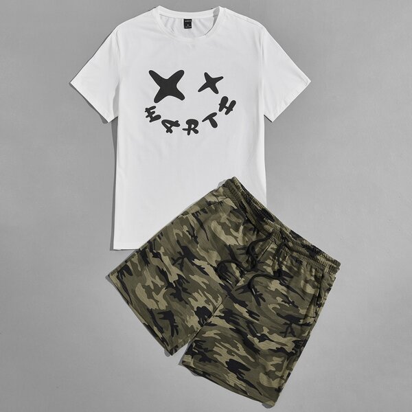 

Men Letter Graphic Top & Camo Shorts Set, Multicolor