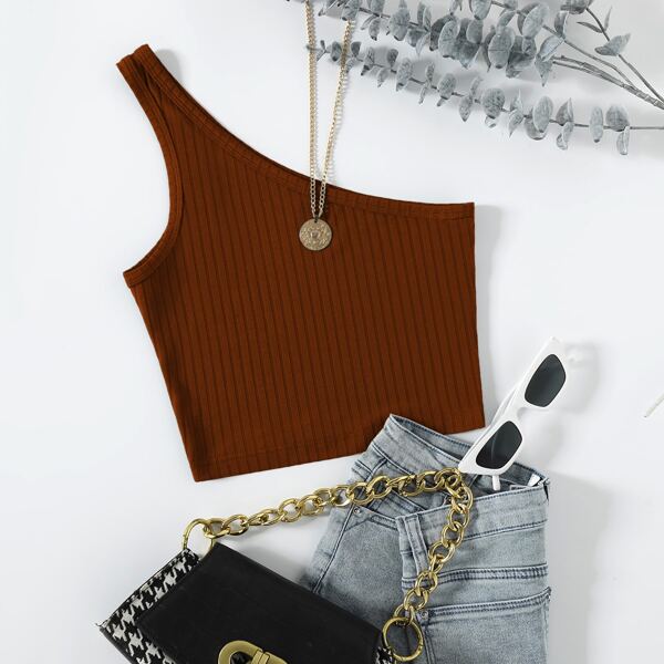 

One Shoulder Rib-knit Crop Top, Rust brown