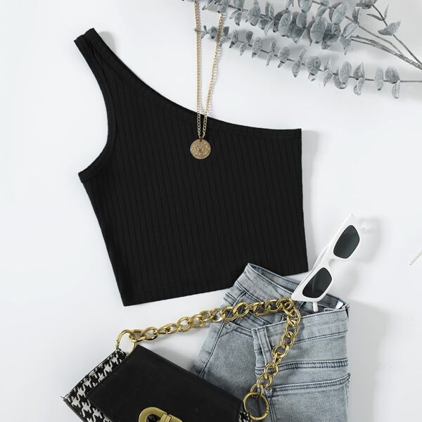 

One Shoulder Rib-knit Crop Top, Black