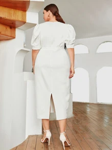SHEIN Plus Contrast Collar Puff Sleeve Split Hem Dress - White - View 2