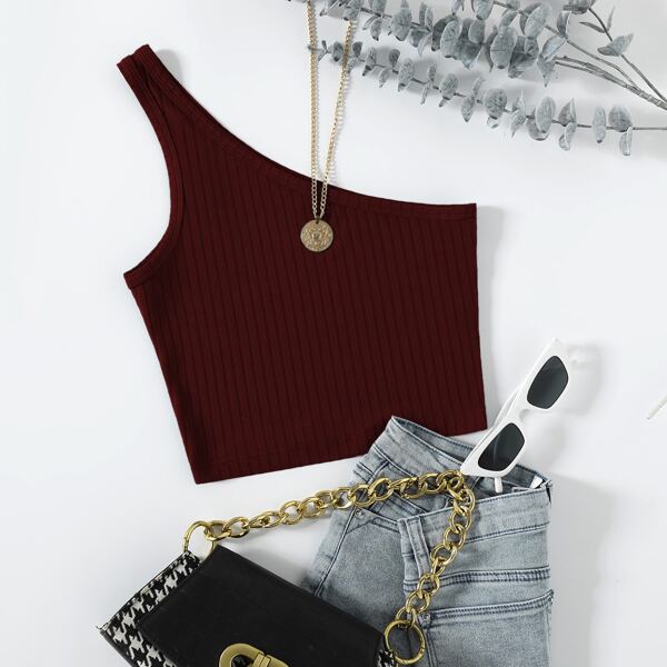 

One Shoulder Rib-knit Crop Top, Burgundy