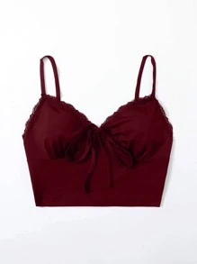 SHEIN Unity Top corto de tirantes con cordón delantero ribete con encaje - Granate - Ver 3