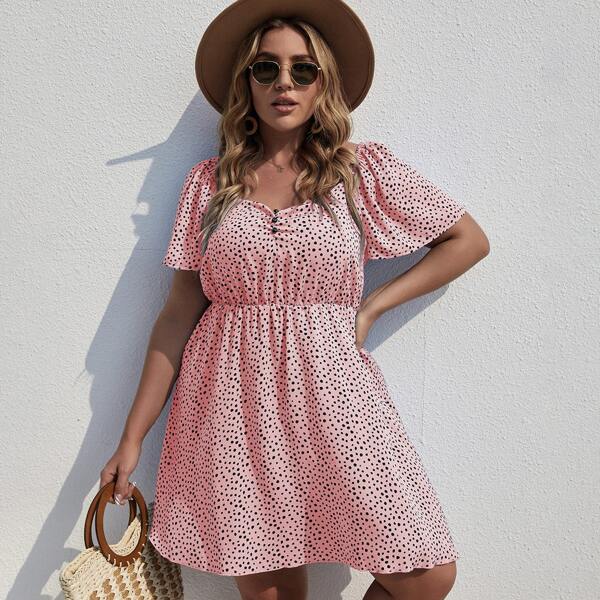 

Plus Dalmatian Print Sweetheart Neck A-line Dress, Pink