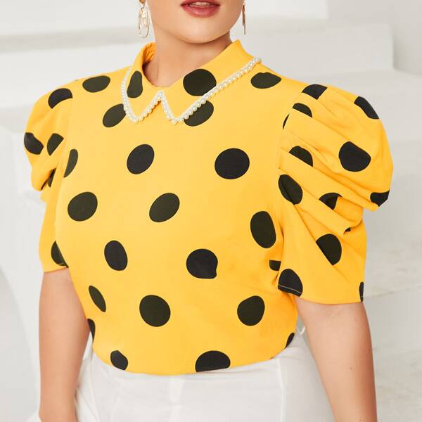 

Plus Pearls Trim Collar Puff Sleeve Polka Dot Top, Yellow