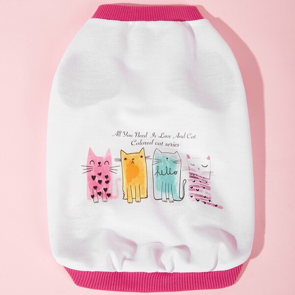 

Cartoon Cat Print Pet Tank, White