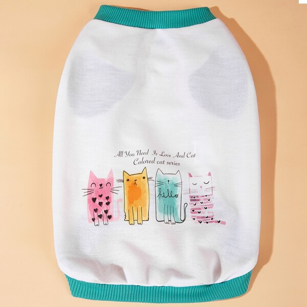 

Cartoon Cat Print Pet Tank, White