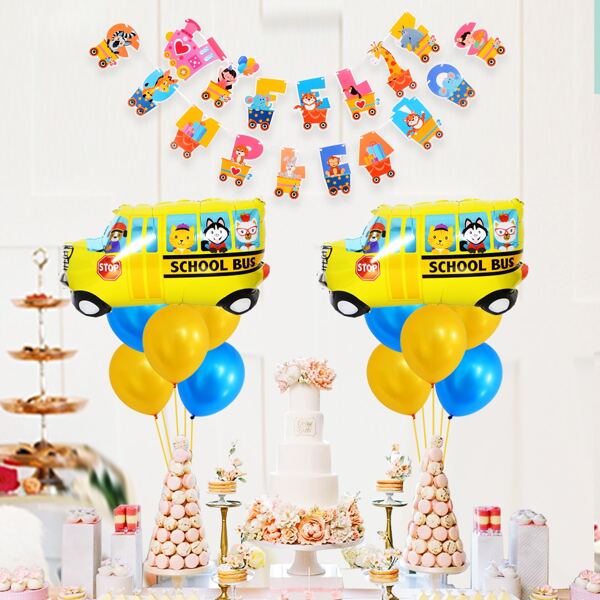 

16pcs Cartoon Graphic Birthday Balloon & Pull Flag Set, Multicolor