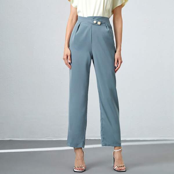 

Button Front Plicated Detail Pants, Dusty blue