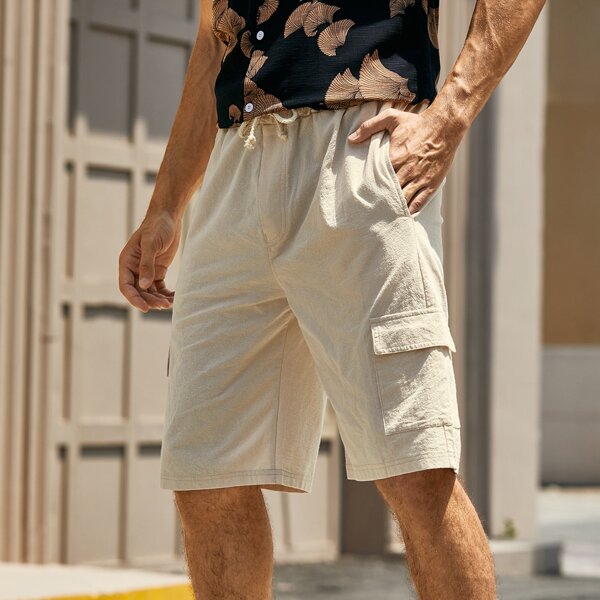 

Men Flap Pocket Drawstring Waist Shorts, Khaki