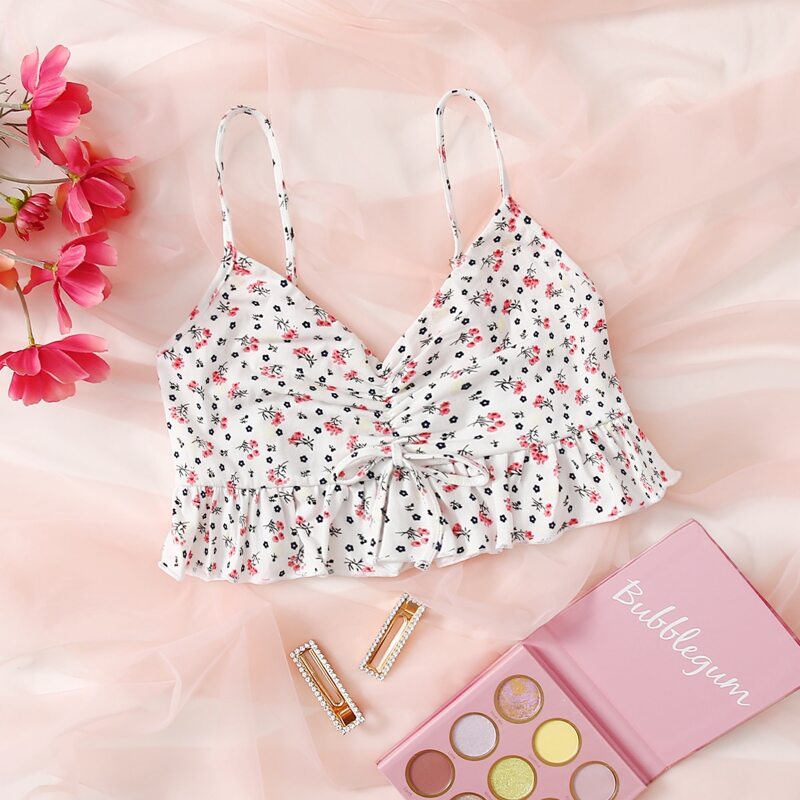 

Ditsy Floral Drawstring Front Crop Cami Top, White