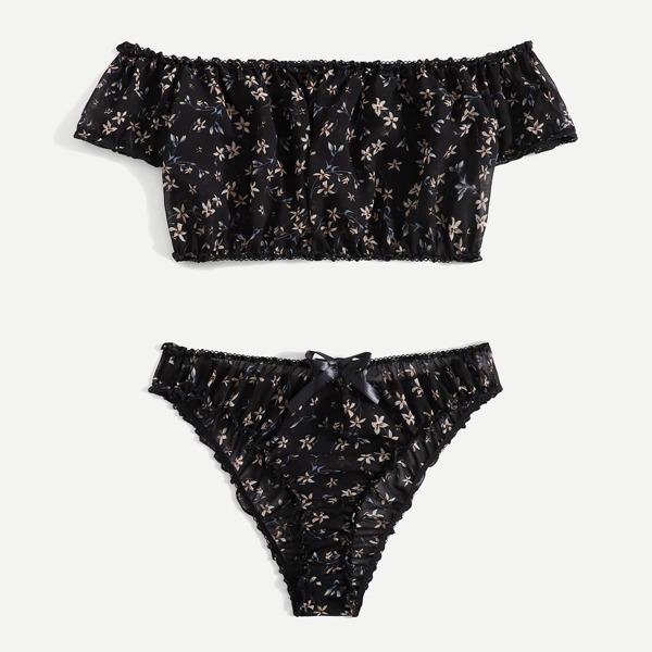 

Ditsy Floral Lettuce Trim Bardot Lingerie Set, Black