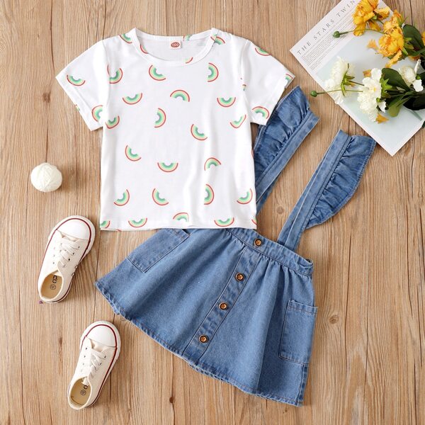 

Toddler Girls Rainbow Print Tee With Ruffle Denim Pinafore Skirt, Blue and white