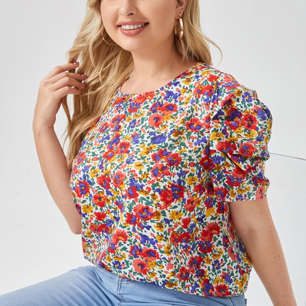 

Plus Puff Sleeve Floral Top, Multicolor