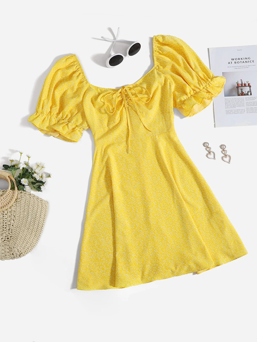 Soleia Plus Puff Sleeve Drawstring Allover Print Milkmaid Dress - Yellow - View 1