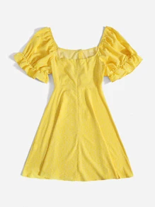 Soleia Plus Puff Sleeve Drawstring Allover Print Milkmaid Dress - Yellow - View 2