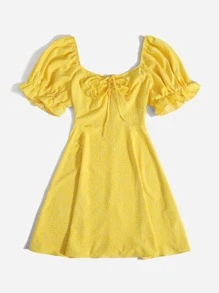 Soleia Plus Puff Sleeve Drawstring Allover Print Milkmaid Dress - Yellow - View 3