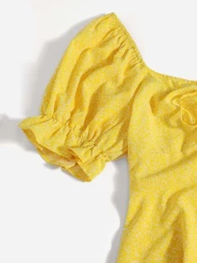 Soleia Plus Puff Sleeve Drawstring Allover Print Milkmaid Dress - Yellow - View 4