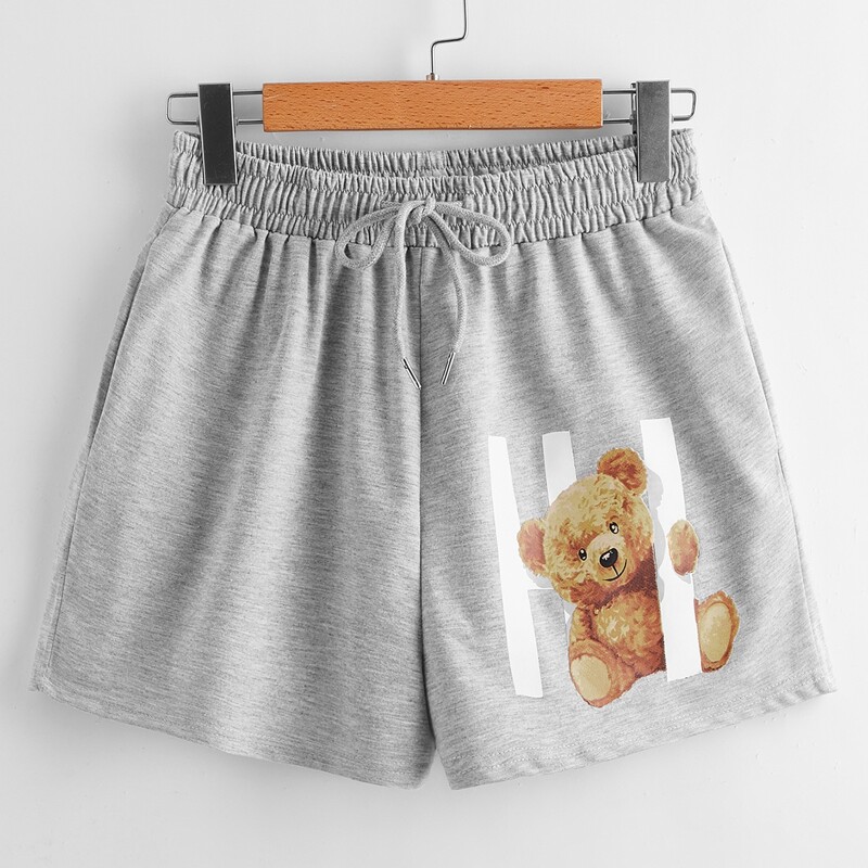 

Letter Cartoon Bear Graphic Drawstring Shorts, Light grey