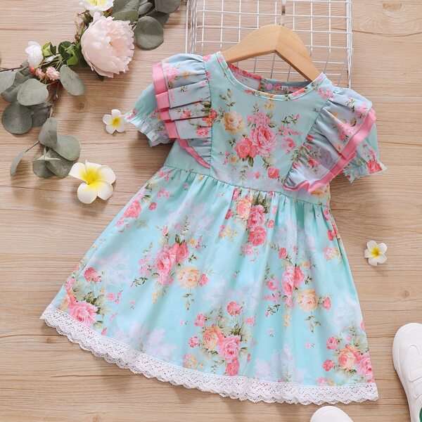 

Toddler Girls Floral Print Lace Panel Ruffle Dress, Baby blue