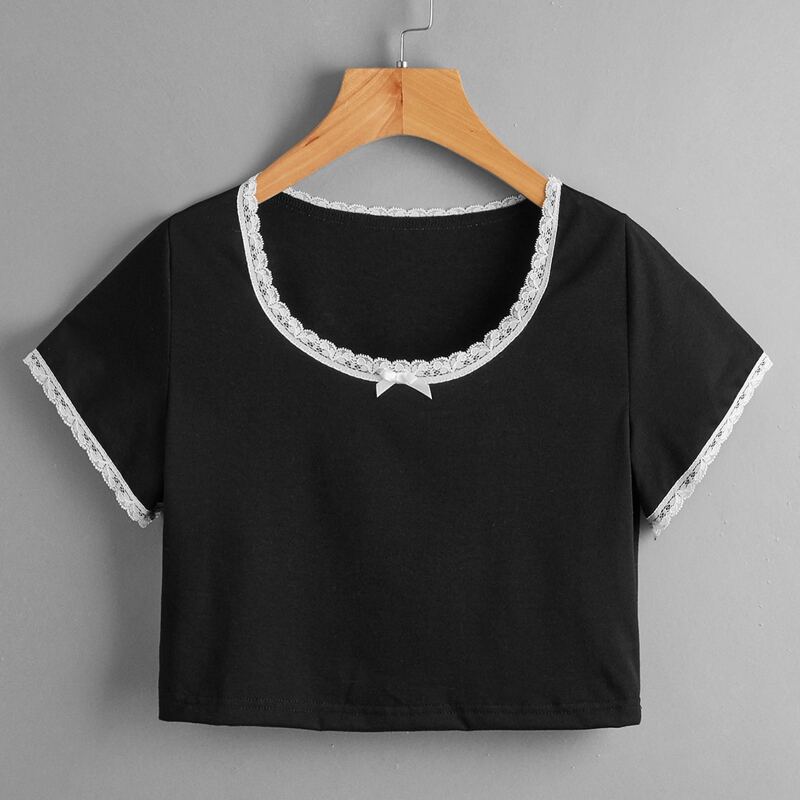 

Contrast Lace Bow Crop Tee, Black