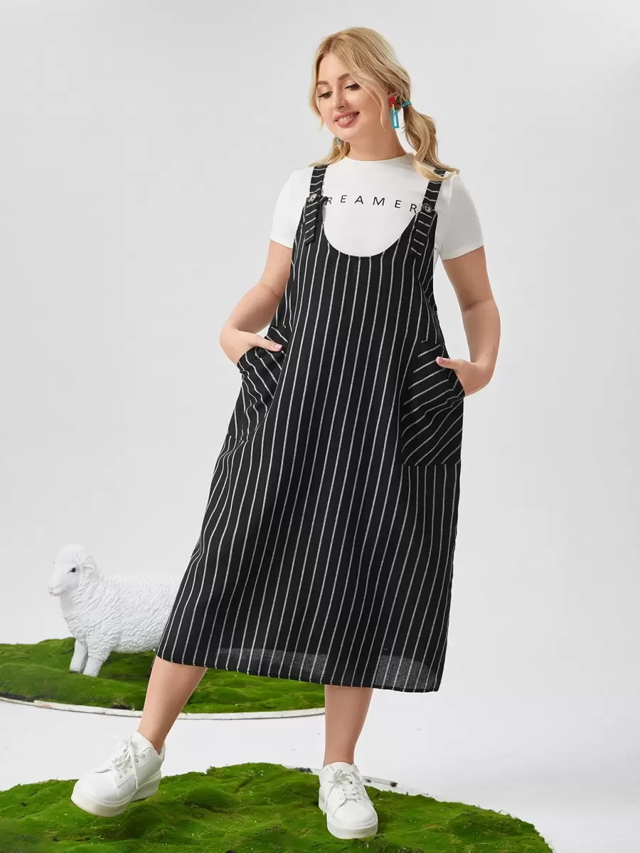 SHEIN EZwear Plus Patch Pocket Striped Pinafore Dress Without Tee - Black - View 1