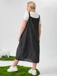 SHEIN EZwear Plus Patch Pocket Striped Pinafore Dress Without Tee - Black - View 2