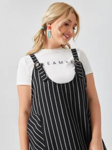 SHEIN EZwear Plus Patch Pocket Striped Pinafore Dress Without Tee - Black - View 3