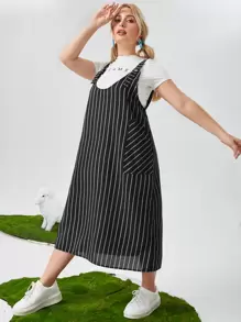 SHEIN EZwear Plus Patch Pocket Striped Pinafore Dress Without Tee - Black - View 4