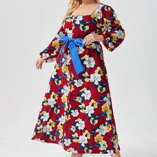 

Plus Lantern Sleeve Allover Floral Print Belted Dress, Multicolor