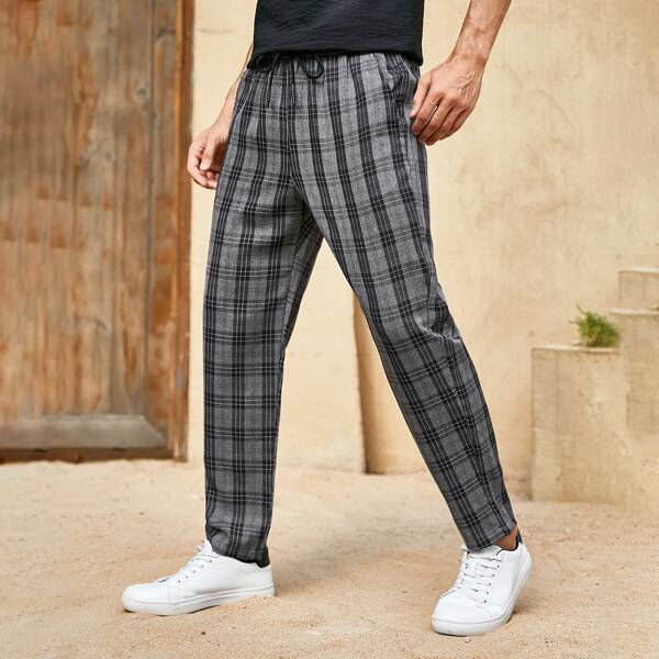 

Men Plaid Drawstring Waist Pants, Dark grey