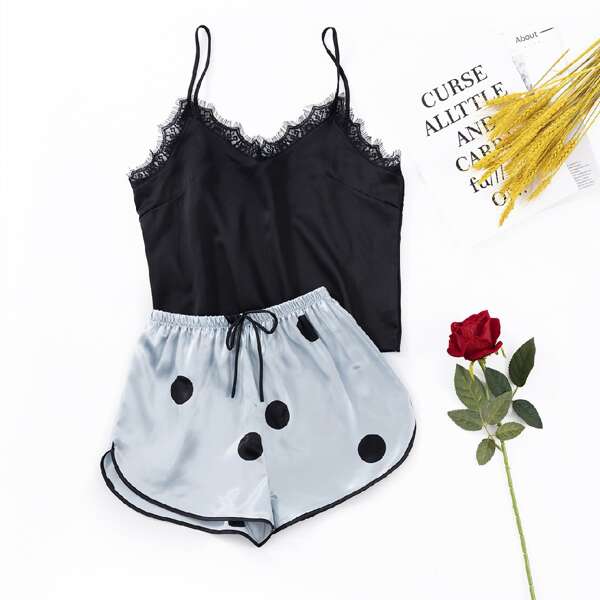 

Polka Dot Lace Trim Satin Night Set, Multicolor