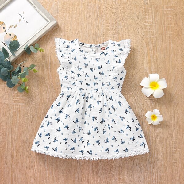 

Baby Girl Lace Insert Ruffle Trim Babydoll Dress, White