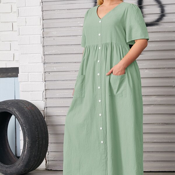 

Plus Single Breasted Patch Pocket Smock Dress, Mint green