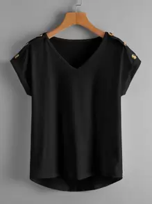 SHEIN LUNE Áo thun Plus size Nút màu trơn Giải trí - màu đen - Xem 1