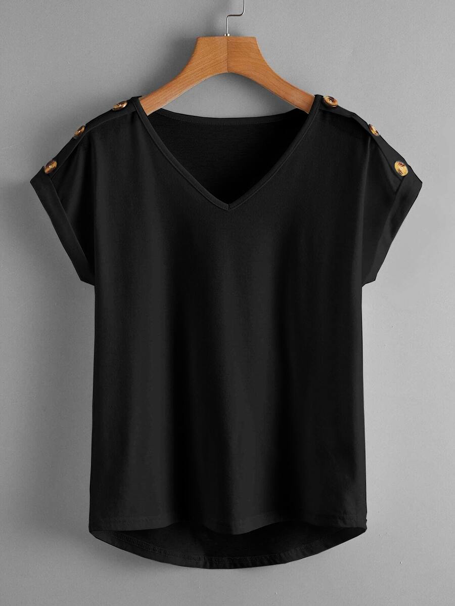 SHEIN LUNE Áo thun Plus size Nút màu trơn Giải trí - màu đen - Xem 1