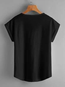 SHEIN LUNE Áo thun Plus size Nút màu trơn Giải trí - màu đen - Xem 2