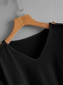 SHEIN LUNE Áo thun Plus size Nút màu trơn Giải trí - màu đen - Xem 3