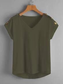 SHEIN LUNE Plus Button Detail V-Neck Tee - Army Green - View 1