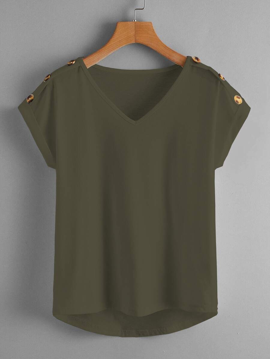 SHEIN LUNE Plus Button Detail V-Neck Tee - Army Green - View 1